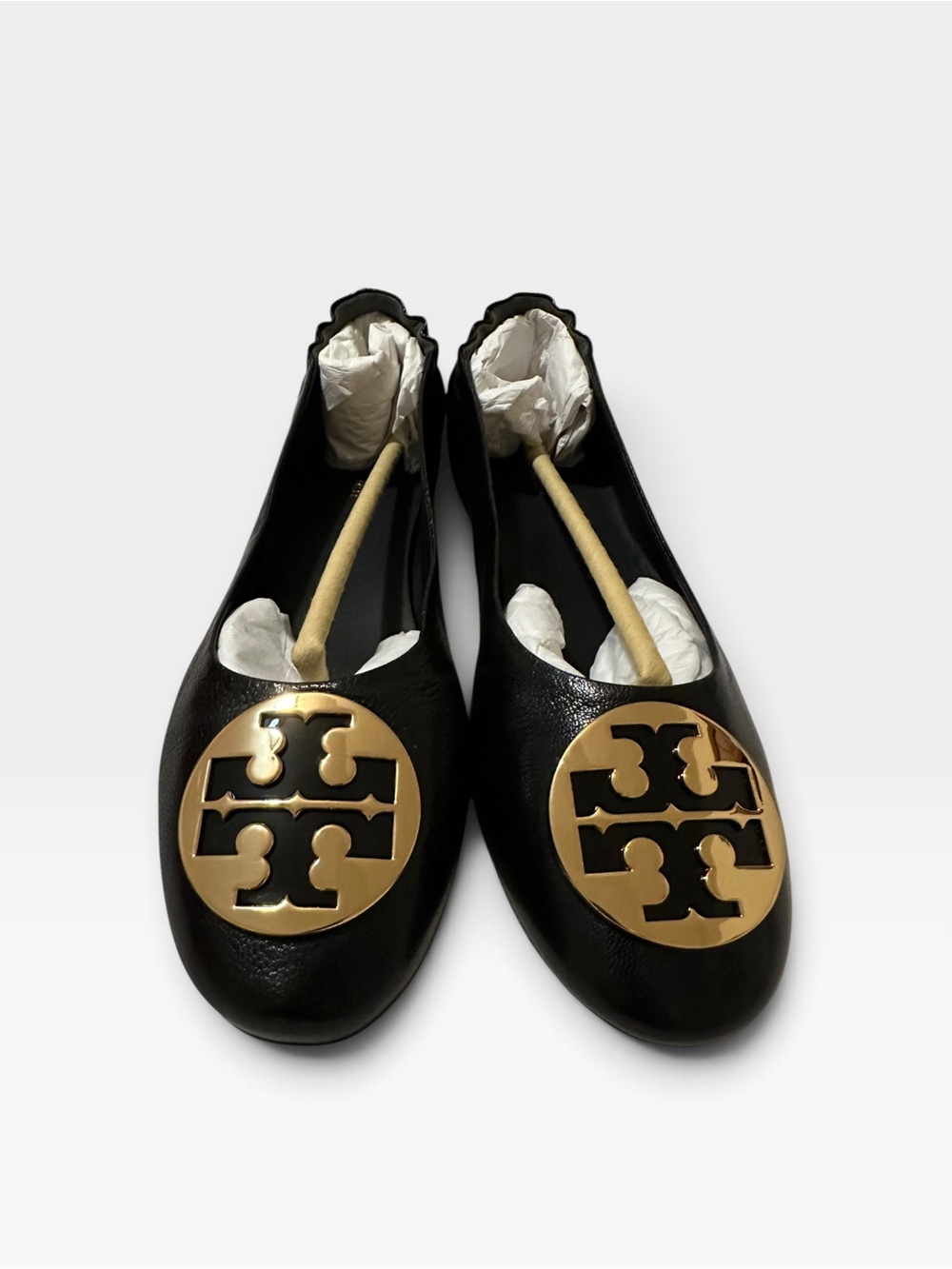 Tory Burch Claire Ballet Flats Black Leather Gold Logo NIB Size 9.5